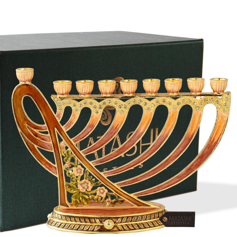 Hand Painted Enamel Menorah Candelabra w/ Flower & Hanukkah Design w/ Gold Accents, Crystals Jewish Candle Holder Hanukkah Gift by 2024 Matashi