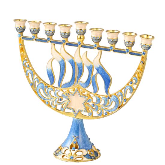 Hand Painted shops Enamel Menorah Candelabra w/ Tree & Flower Buds Design w/ Gold Accents, Crystals Jewish Candle Holder Hanukkah Gift by Matashi