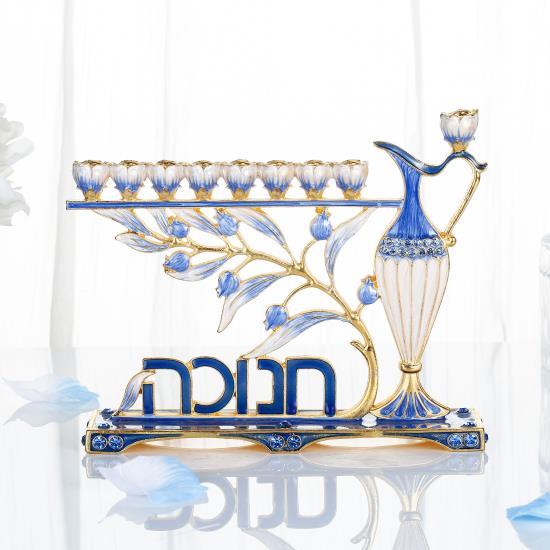 Blue Enamel Hebrew Hannuka Design Menora