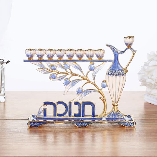 Blue Enamel Hebrew Hannuka Design Menora