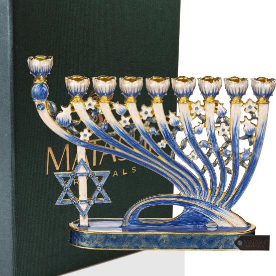 Blue Hand Painted Menorah Candelabra