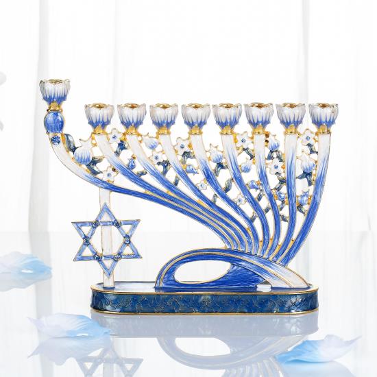 Blue Hand Painted Menorah Candelabra