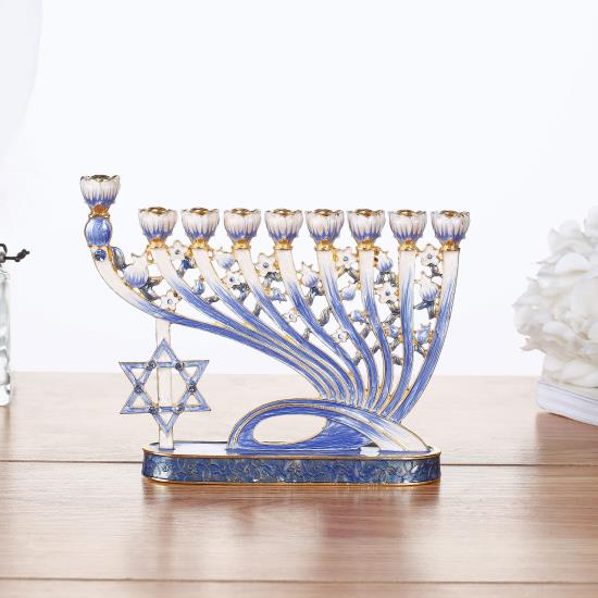 Blue Hand Painted Menorah Candelabra