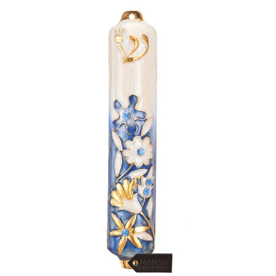 Blue and Ivory Flower Mezuzah