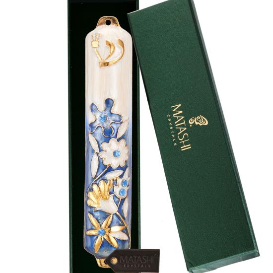 Blue and Ivory Flower Mezuzah