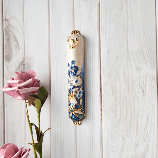 Blue and Ivory Flower Mezuzah