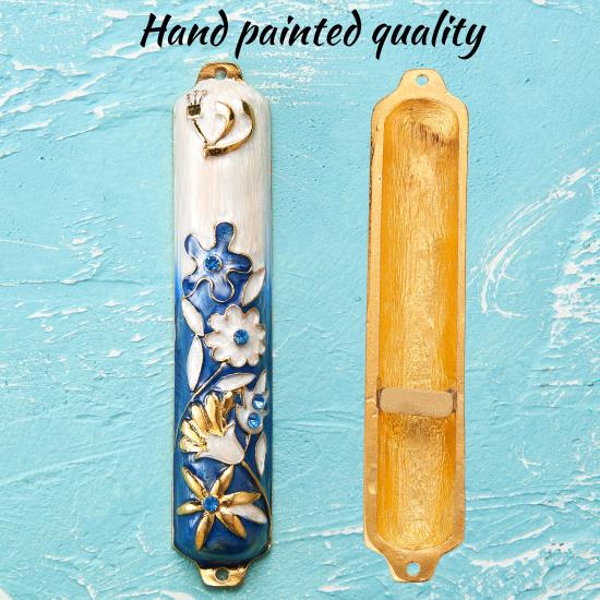 Blue and Ivory Flower Mezuzah