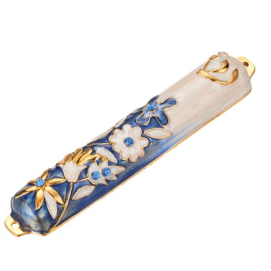 Blue and Ivory Flower Mezuzah