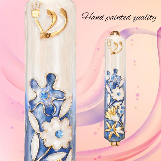 Blue and Ivory Flower Mezuzah