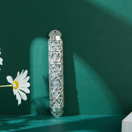 Silver Light Blue Mezuzah