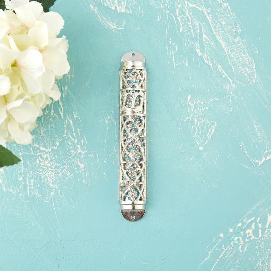 Silver Light Blue Mezuzah