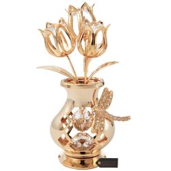 24K Gold Plated Crystal Studded Flower Ornament in a Vase with Decorative Dragonfly by Matashi (Clear Crystals)